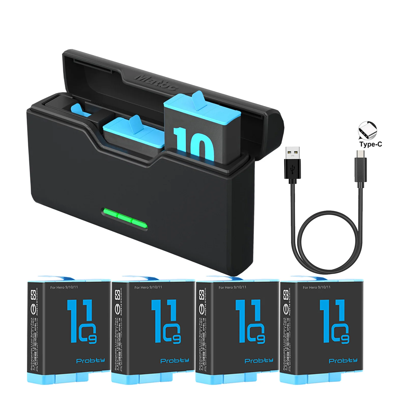 صندوق تخزين بطارية من Probty-for GoPro ، شاحن إضاءة LED ، بطاقة TF ، 3 فتحات ، مناسب للبطل 11 ، 10 ، 9 ، 12 ، 1850mAh