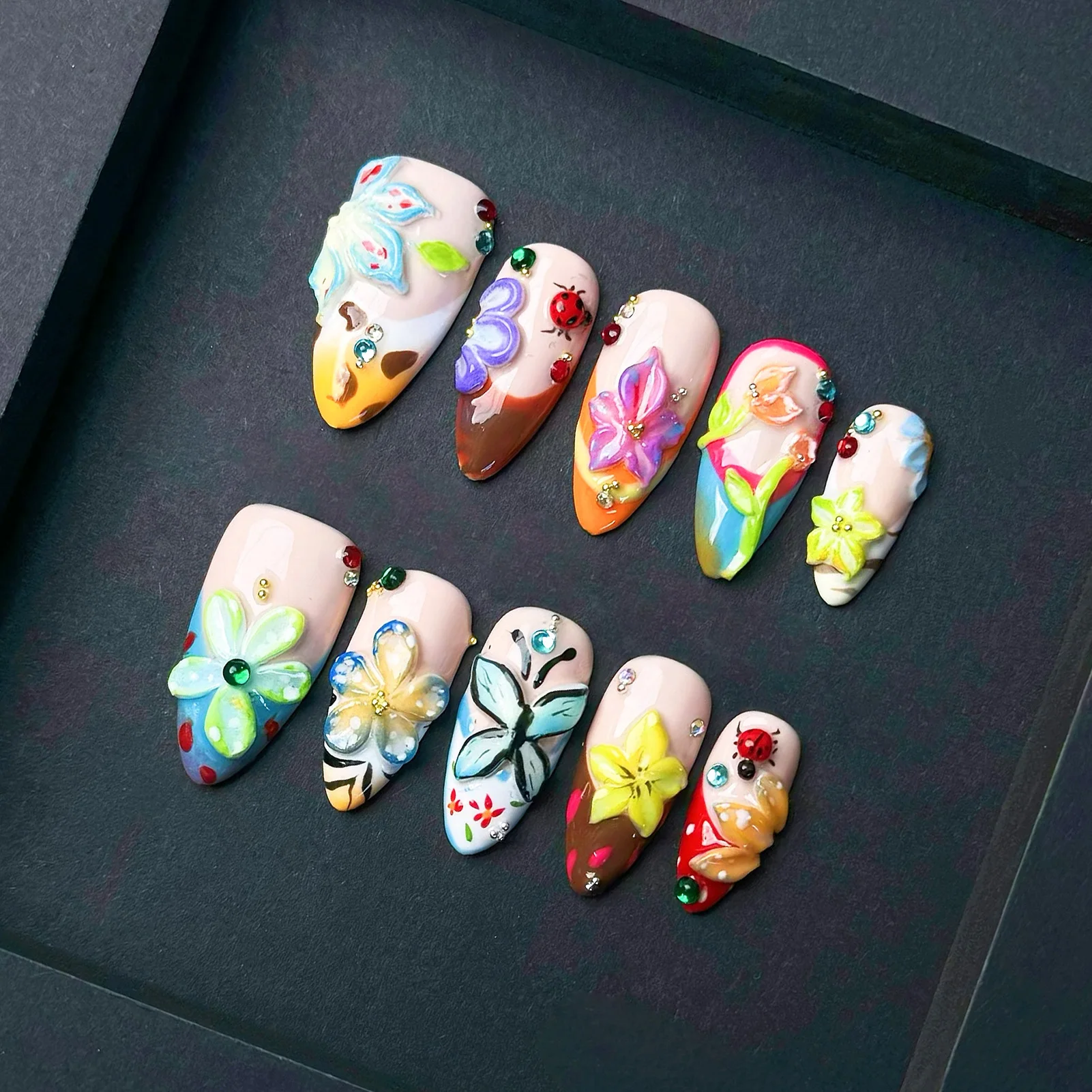 

10pcs Handmade Almond Press On Nails Hand-painted 3D Butterfly Colorful Flower Decor French False Nail Summer Dopamine Fake Nail