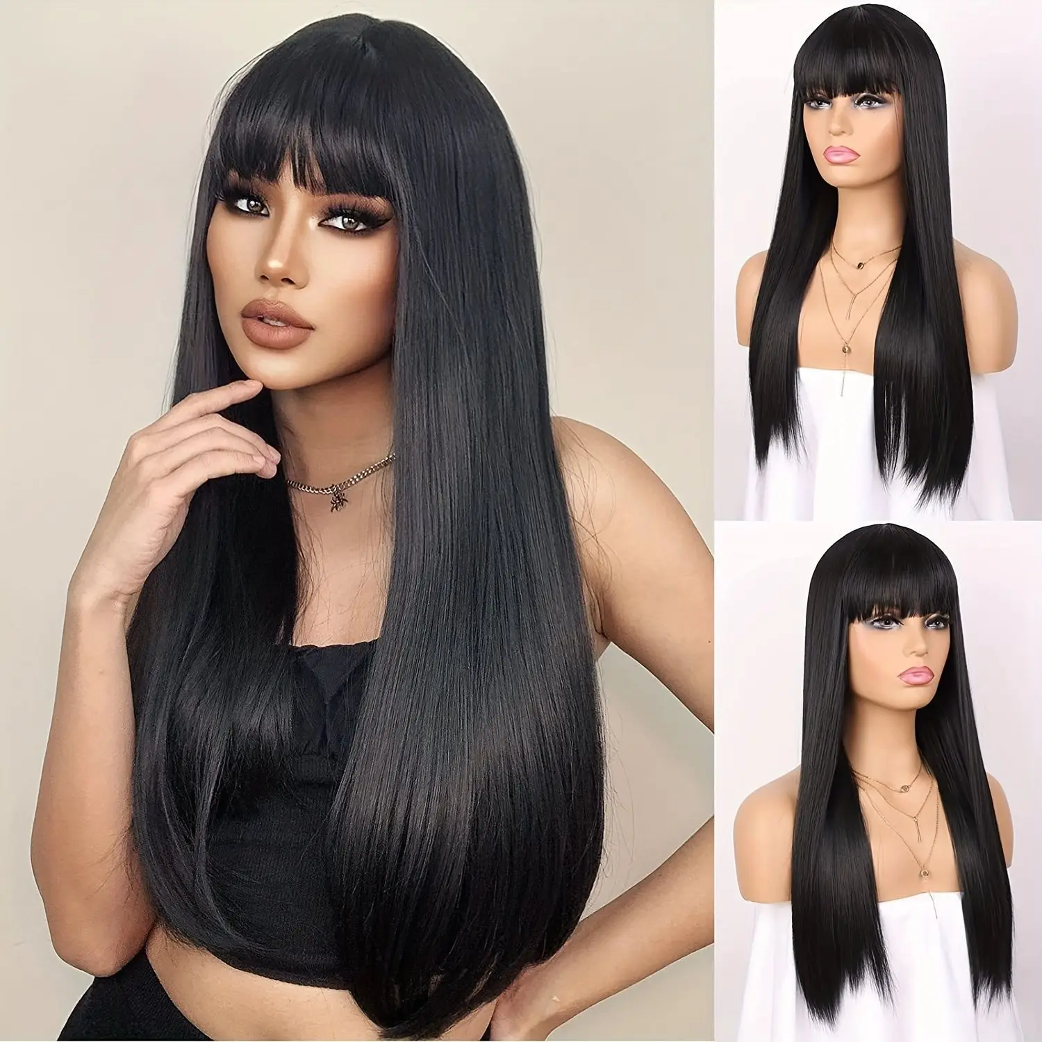 

Long Natural straight Wig with Fluffy Bangs , Heat Resistant Layered Synthetic Wigs for Women And Girl Daily And Party