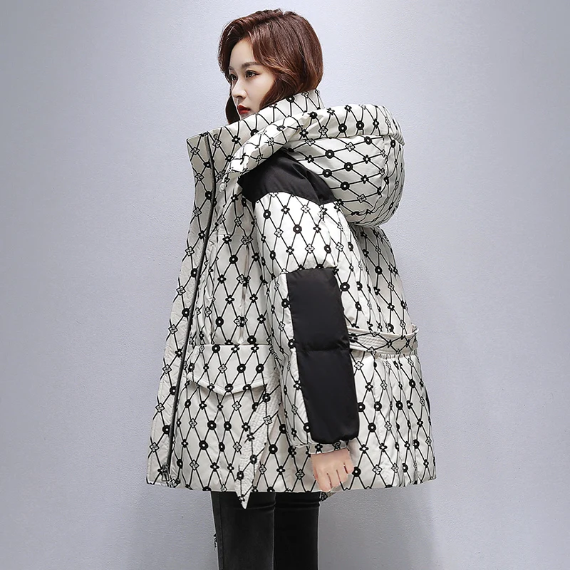 2024 Autumn Winter Fashion White Duck Down Warm Hooded Printed Coats Zipper Pockets Design Korean Casual Outerwear