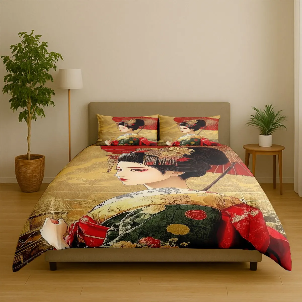 3pcs Japanese Geisha Duvet Cover Set, 3pcs Golden Red Anime Bedding with Pillowcases, Queen Size, Soft Washable