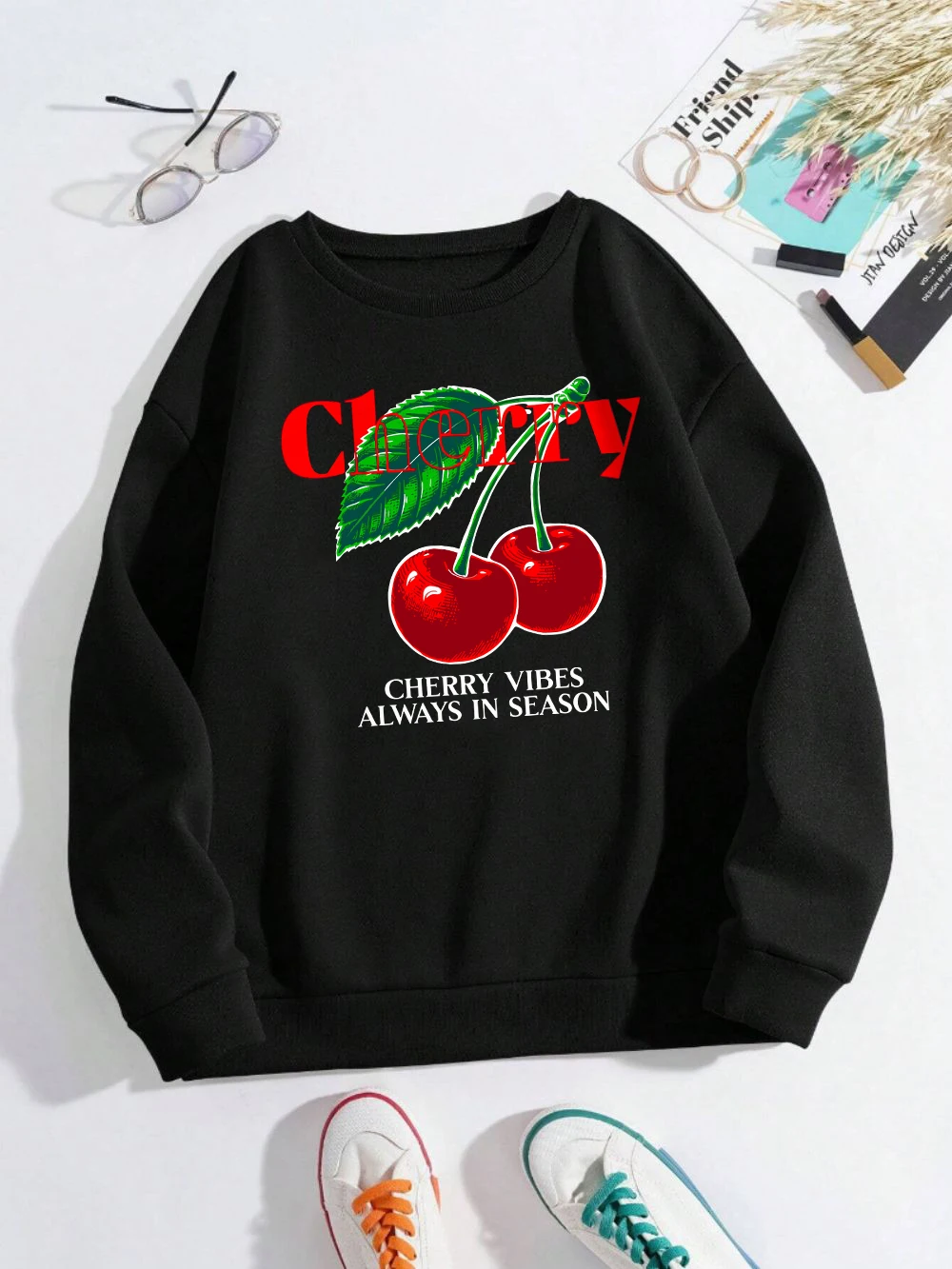 Cherry Vibes Always In Season Sweatshirts Womens Fruits Printed Hoodies Crewneck Loose Fleece Warm Tops Winter Woman Clothes