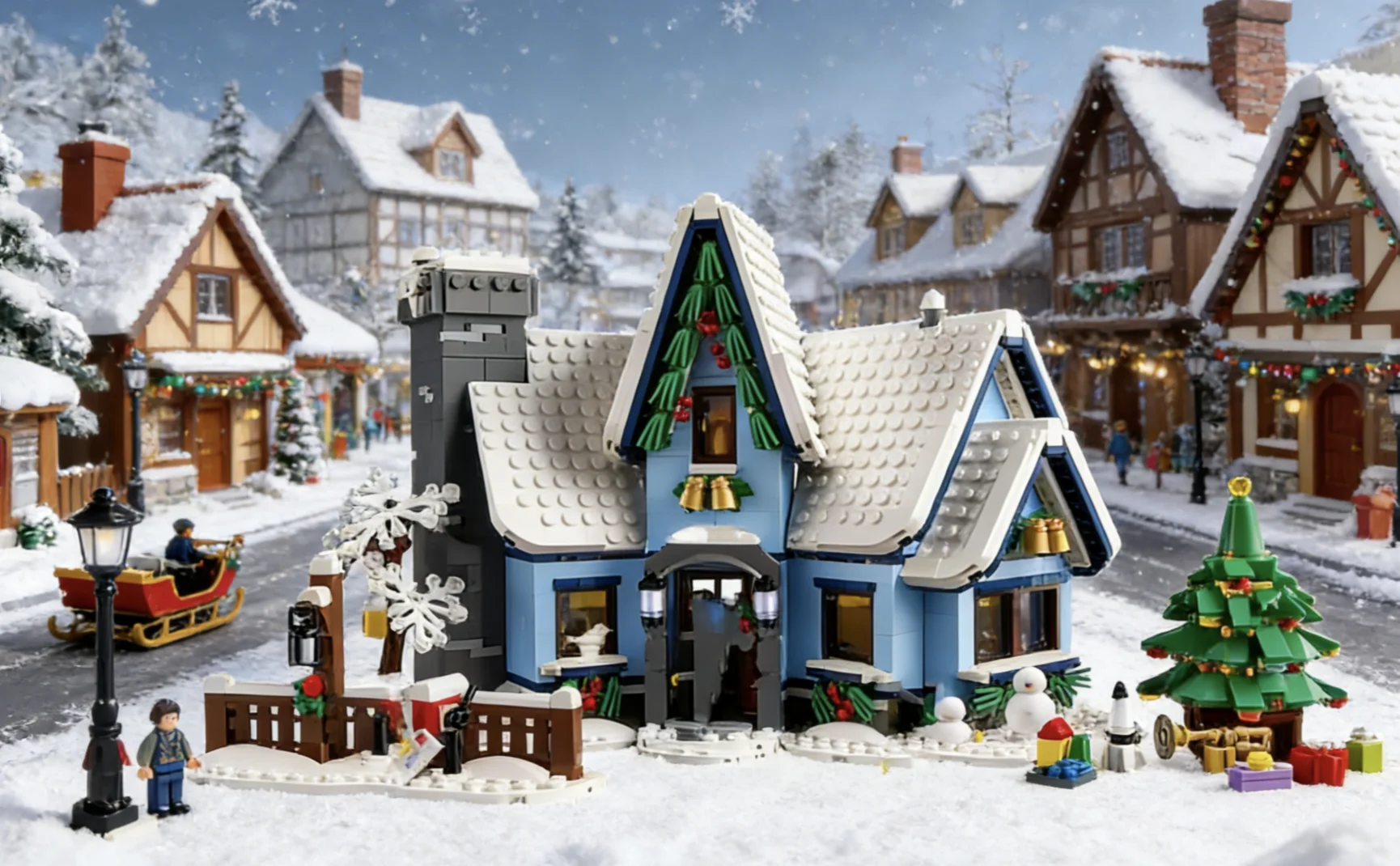 

2026 новый стиль/подарки на Рождество и Новый год, креативная зимняя деревня/мисто, вид на улицу, строительные блоки, игрушки/детские подарки