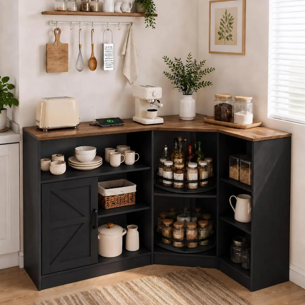 47'' Corner Kitchen Cabinet, Charging Station, Pantry Cabinet, Customized