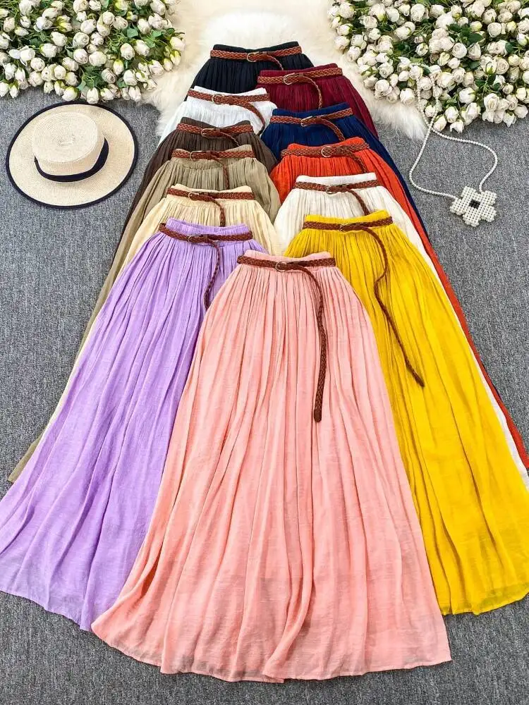 

Summer White Midi Skirt Women High Waisted Chiffon Drape Medium Length Skirts Vintage A-line Skirt