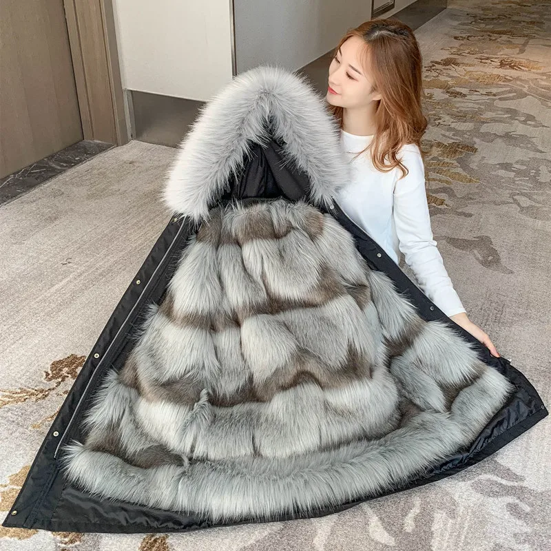 High Quality Parka Fur Winter Faux Fake Fox Fur Coat Detachable Padded Long Overcoat Jacket For Young Women Thick Warm Parkas