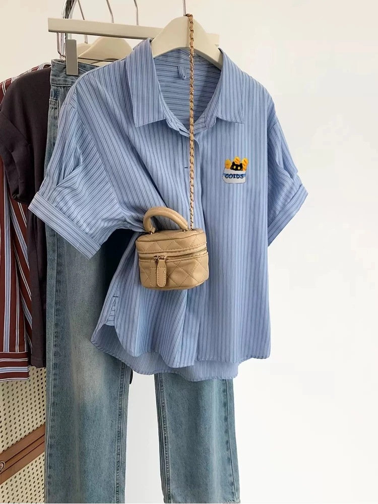 

plus Size Women's Neck Short Sleeve T-Shirt Vertical Stripe Loose Fit Slimming Shirt Versatile Summer Top Big Clothes