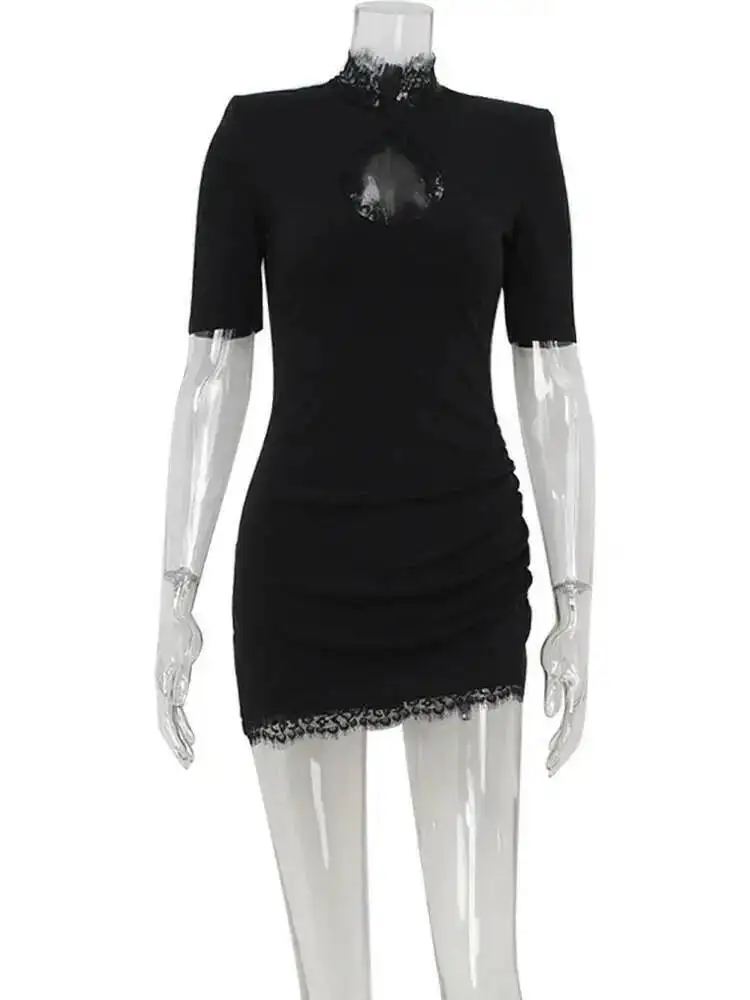 섹시한 미니 드레스 여성용 솔리드 레이스 터틀넥 슬림핏 바디콘 홀로우 아웃 반소매 스트리트웨어 베스티도스 로브 GX98