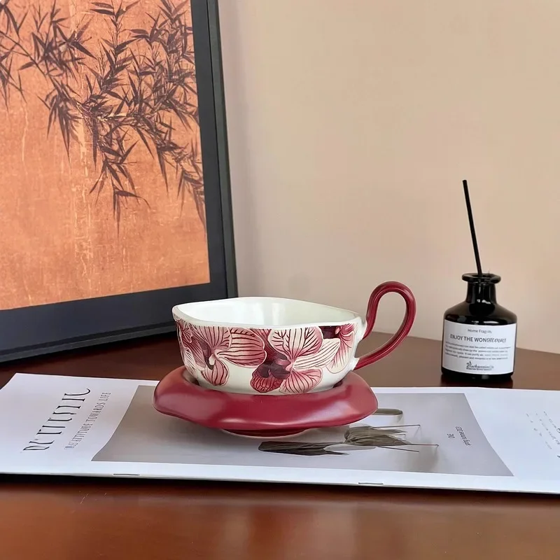 Drip Coffee Cup Saucer Set Ink Orchid Mid Century Ink Wash Style Cup Light Luxury Premium Home Office Porcelain Drinkware Gift