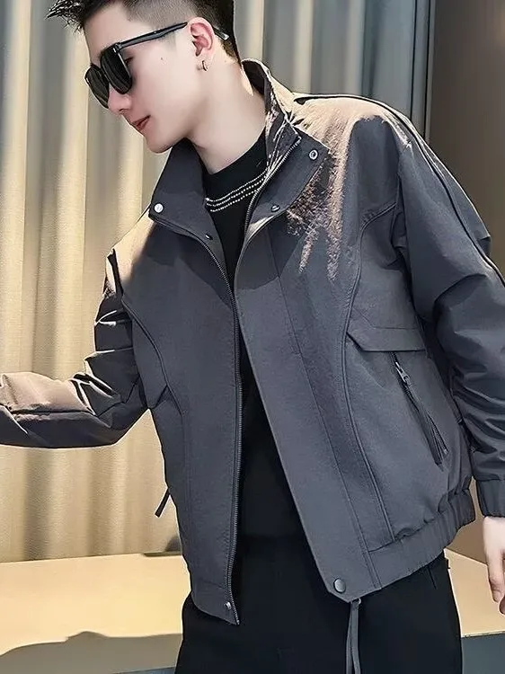Casual Trendy Men's Workwear Jacket Stand Collar Patchwork Zipper Decorated Spring Autumn Fashion Outerwear Youth Popular