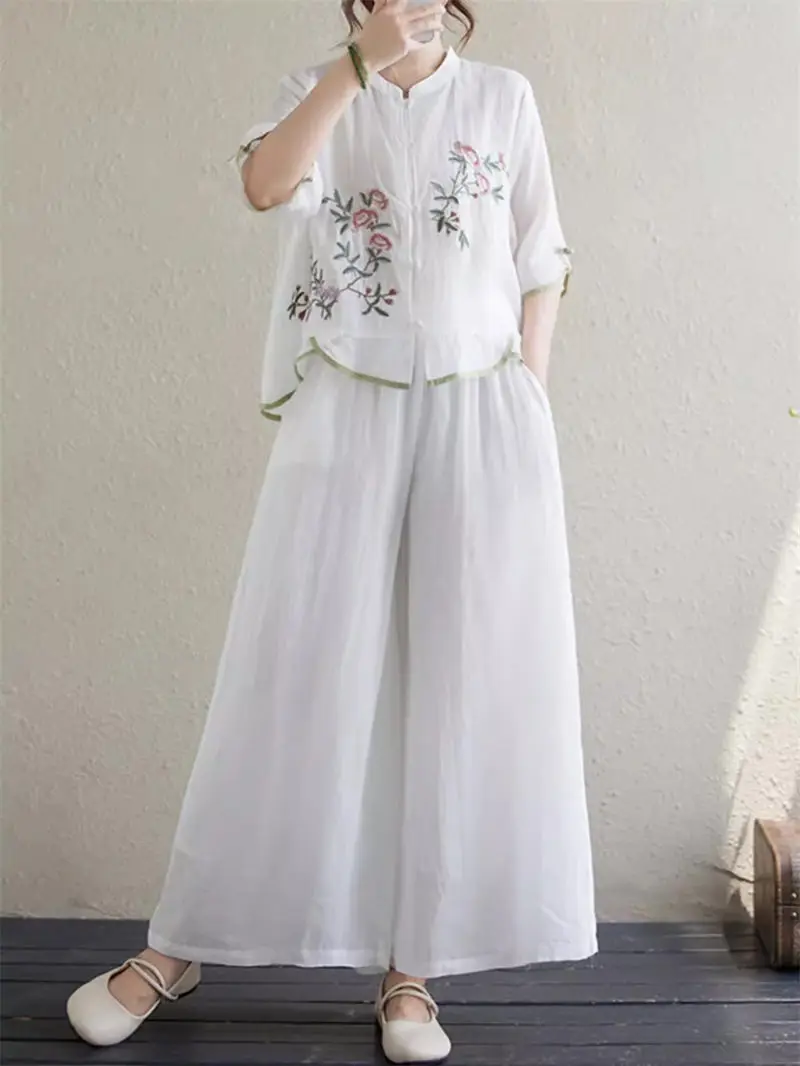 2024 Summer Retro New Chinese Linen Set Women 2 Pieces Embroidered Stand Neck Zen Button Shirt Wide Leg Pants Outfits K1343