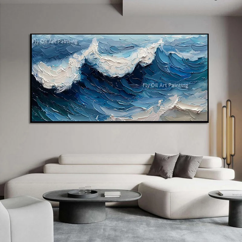 Beautiful Home Wall Decor Items Handmade Blue White Seascape Wall Art Original Design Yellow Sea Sunset Oil Painting On Canvas