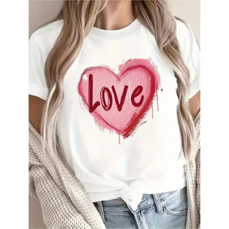 Ladies Short Sleeve T-shirt Hand Drawn Pink Heart Love Graphic Print Women Casual O-neck Summer Streetwear Tees