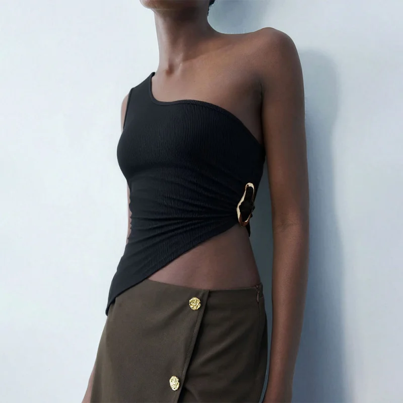 

Women's Clothing2025Summer New Single-Shoulder Camisole Sexy Off-Shoulder Asymmetrical Neck Design Top