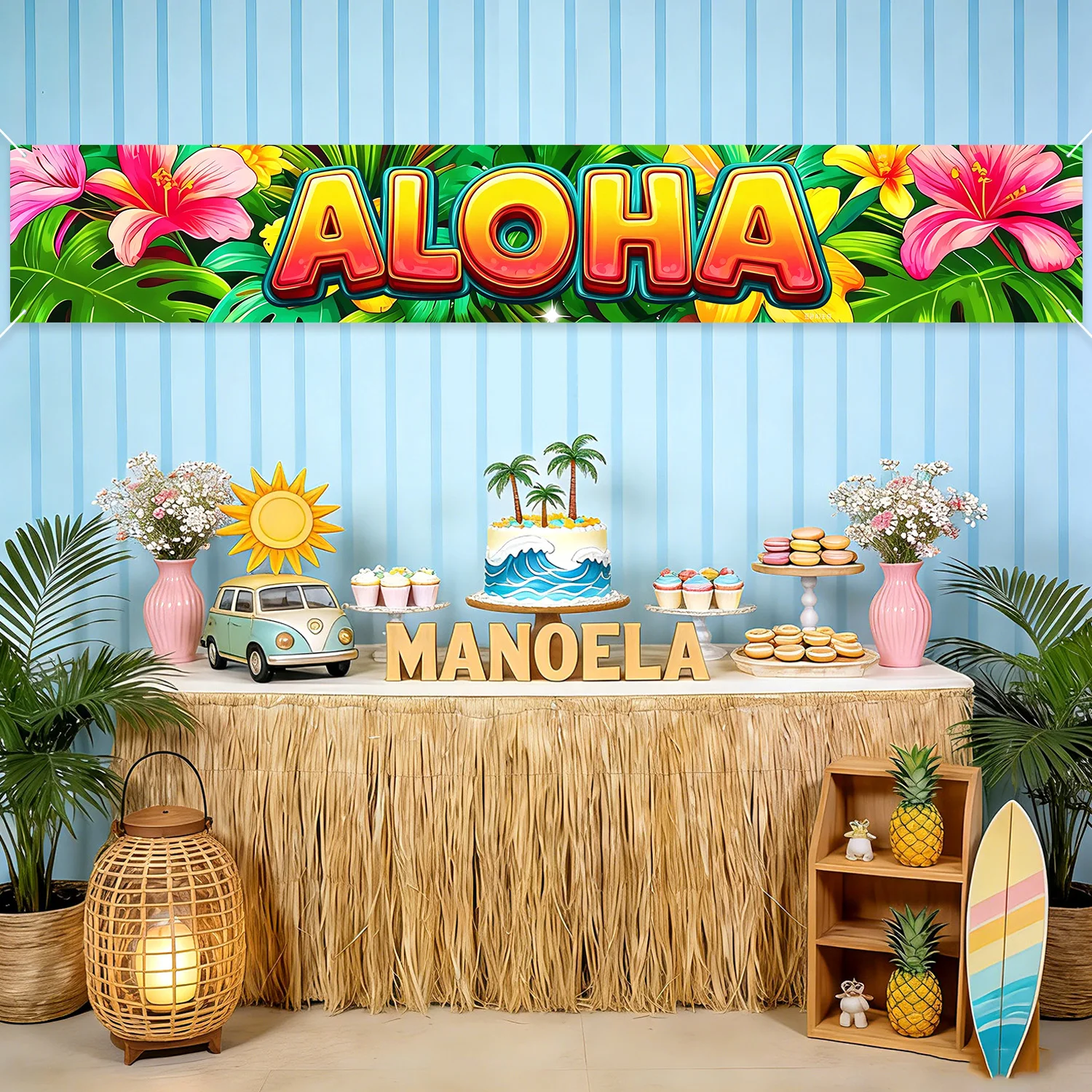 Hawaiian Tropical Floral Outdoor Garden Lawn Fence Hanging Banner Summer Aloha Pool Party Decorations Backdrop