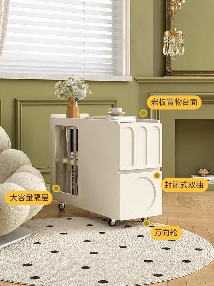 Cream side table: modern and simple living room storage cabinet, small apartment, movable tea table, light luxury sofa, side cab