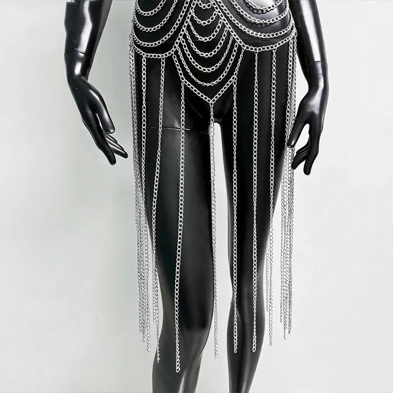 Damen Silberne Halter-Bodykette, Mehrschichtiger Quasten-Harness, Körperschmuck, Langer Fransen-Bodykleid für Club, Rave, Festival, Party – Detail 6