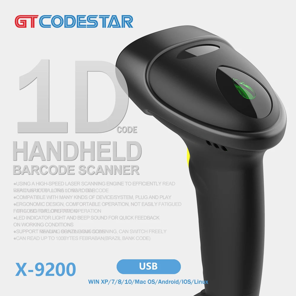 GTCODESTAR X-9200 1D Wried Barcode Reader USB Laser Barcode Scanner Handheld Bar Code Scan Gun for Warehouse bar Code Scanning