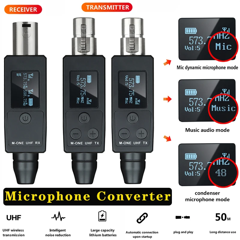 UHF Wireless Microphone Converter XLR Transmitter and Receiver for Dynamic Micro Phone Speaker Amplifier Sound Card Adapter