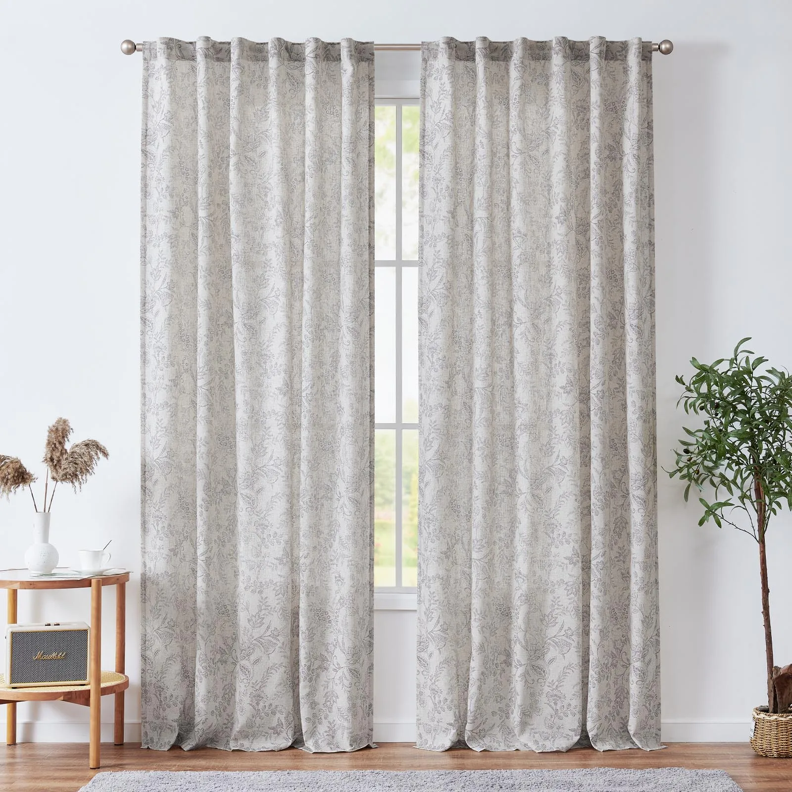 

jinchan Linen Curtains Farmhouse Grey Floral Print Curtains 84 Inches Long Back Tab Drapes for Living Room