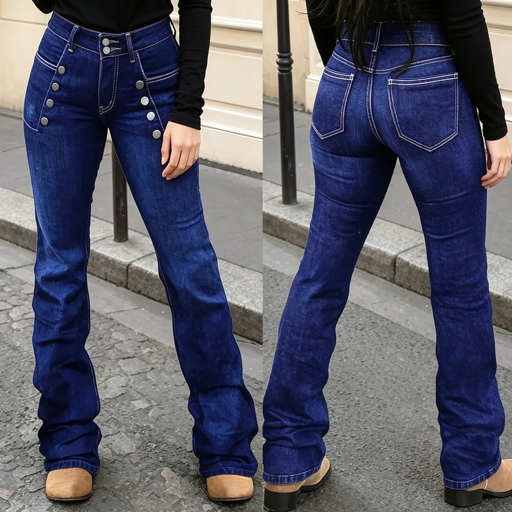 Vintage High Waist Flare Jeans Women Washed Denim Trousers Elastic Double Button Slim Fit Casual Streetwear Fashion Bottoms