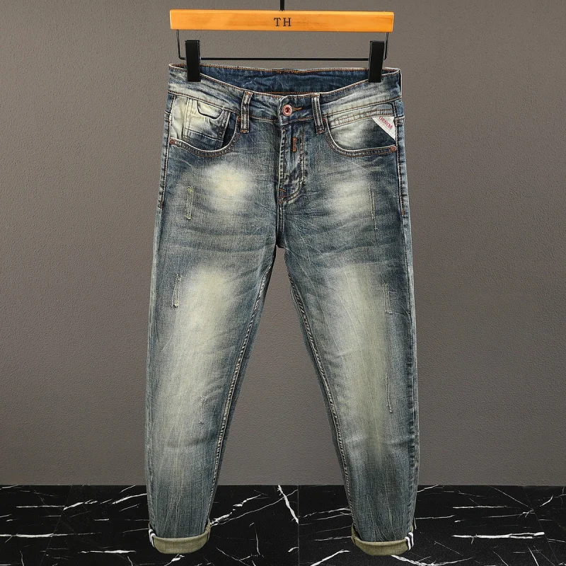 

Высококачественные мужские джинсы в стиле ретро, новинка 2025 года, стираные и потертые эластичные маленькие прямые ностальгические брюки
