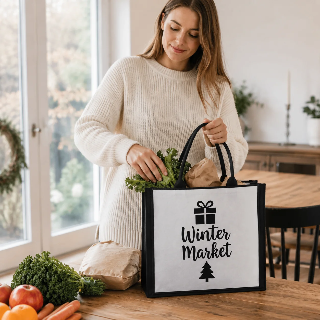 Custom Canvas Tote Bag Large Capacity Christmas Winter Holiday Shopping Gift Handbag Reusable Grocery Trip Travel Shoulder Bag