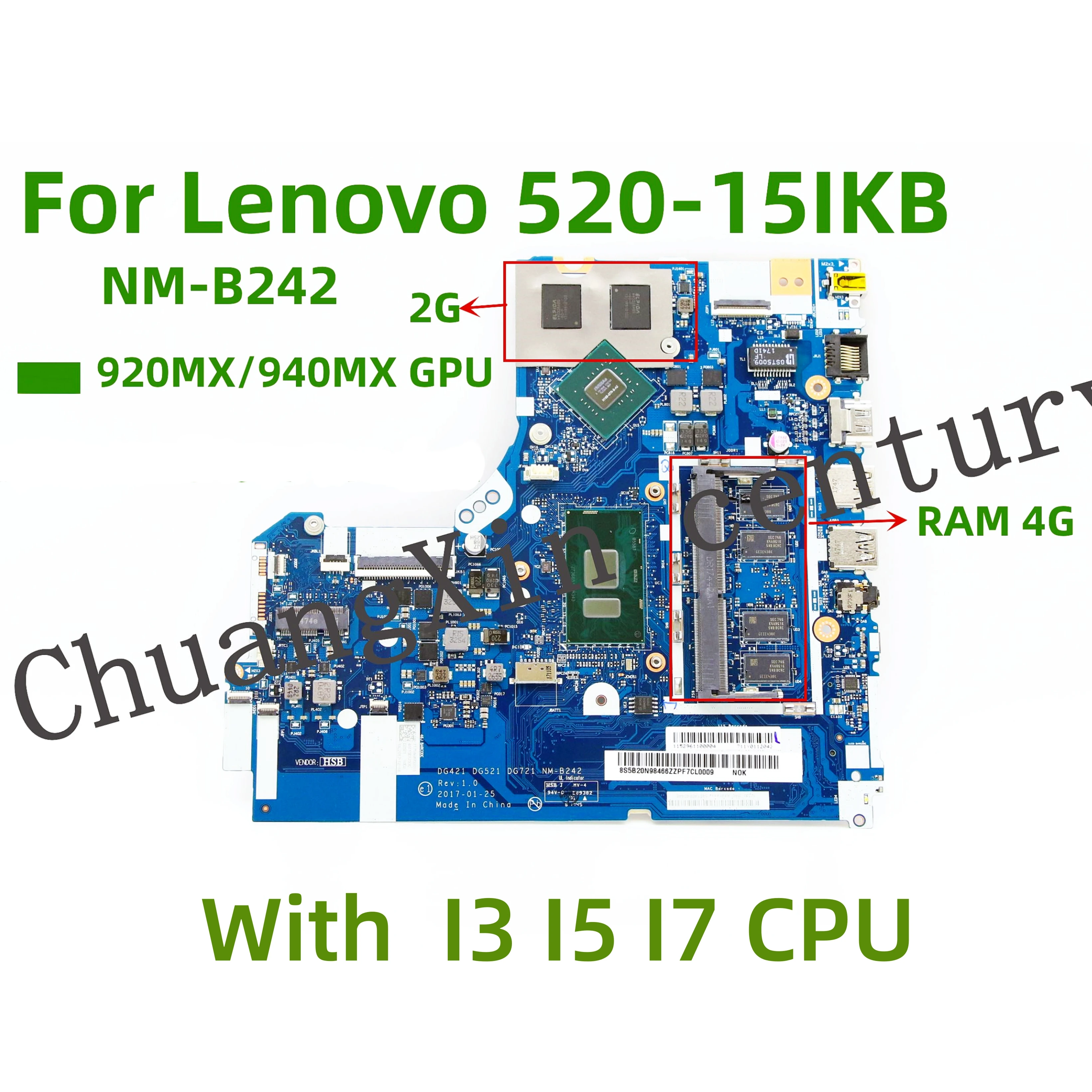 For Lenovo 320-15IKB 520-15IKB motherboard with CPU I3 I5 I7 6TH 7TH Gen GPU  920MX 940MX 2G RAM 4GB NM-B242 100% fully tested