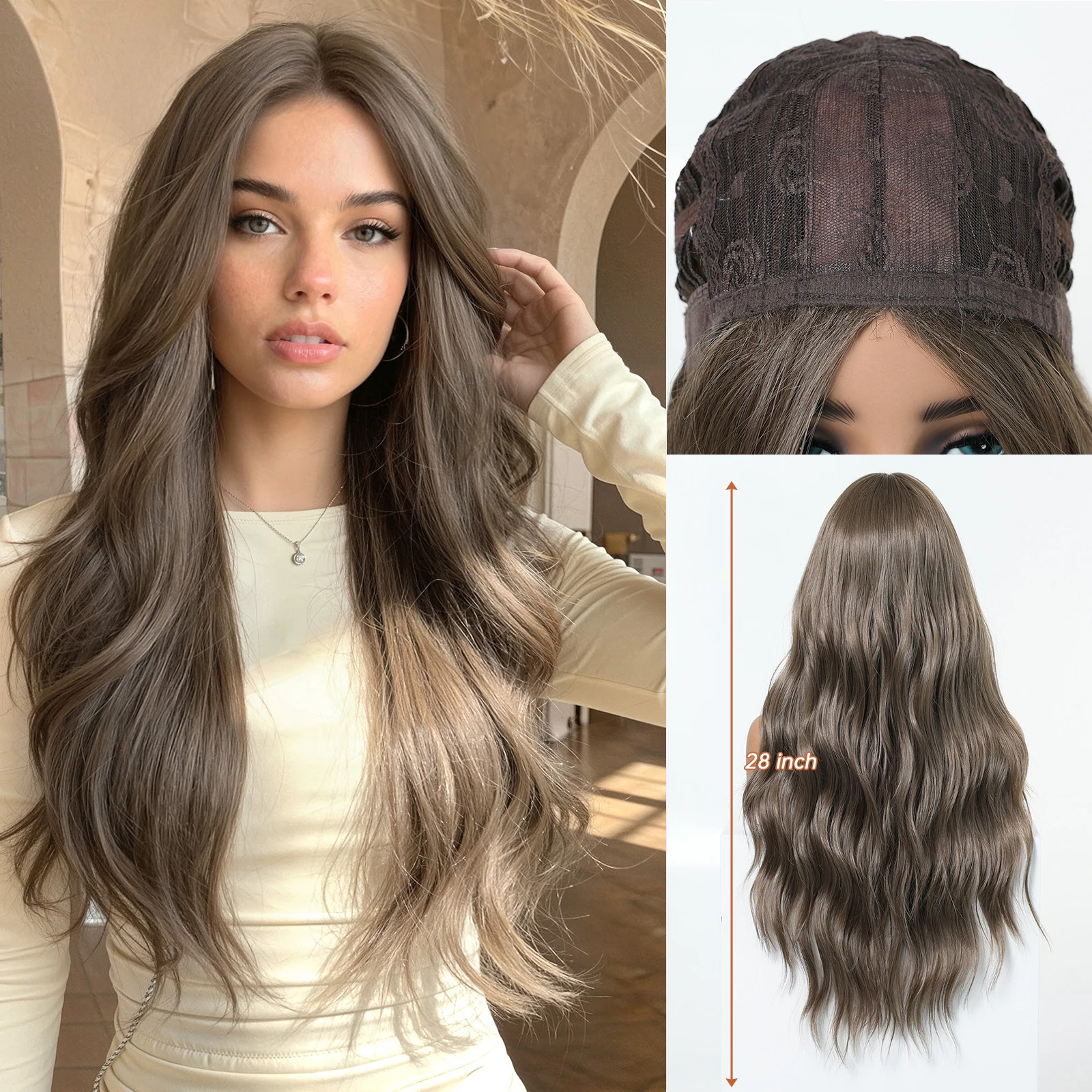 

HENRY MARGU Ash Brown Long Wavy Gradient Synthetic Wig Natural Volume Daily Fashion Cosplay Heat Resistant Women's Hair