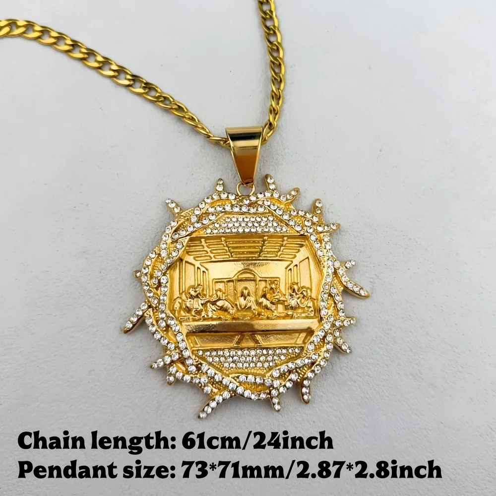 The Last Supper Medallion Pendant Necklace Sun‑Shaped Spike Frame Full Crystal Inlaid 316L Stainless Steel Gold Color Hip‑Hop