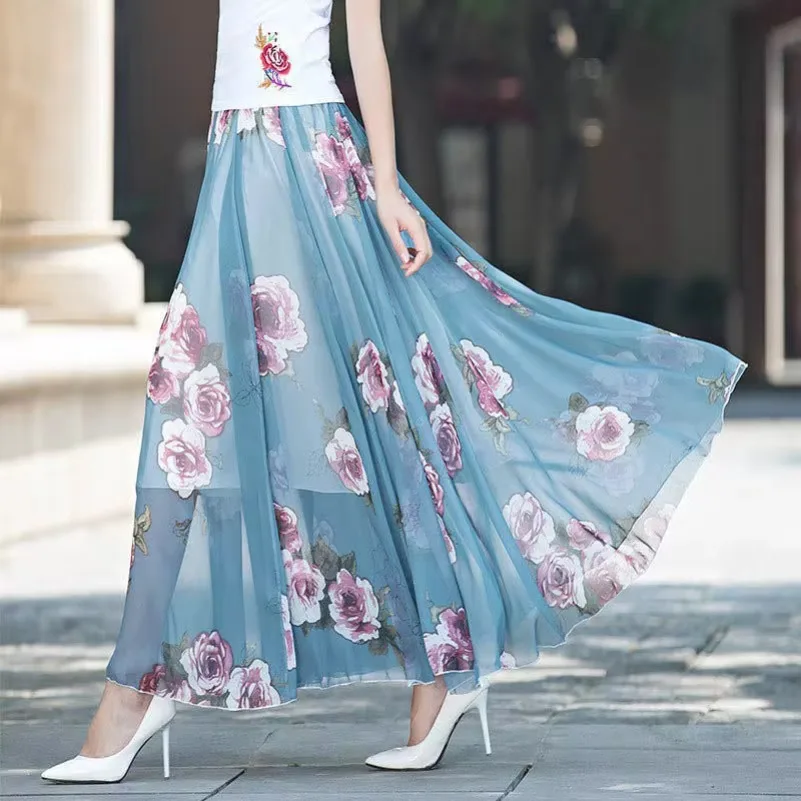 High Waist Women Summer Autumn Chiffon Skirts Elastic Waist Midi Full Long Skirt Print A-Line Mother Dance Swing Skirt DURIKIES