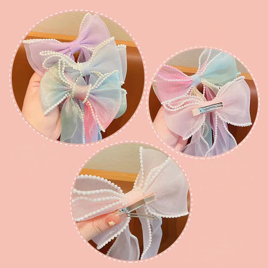 4PCS Pearl Bows Ribbon Hairpins Children Hair Accessories Girls Braided Hair Clips Sweet Princess Hairpins Kids Headwear