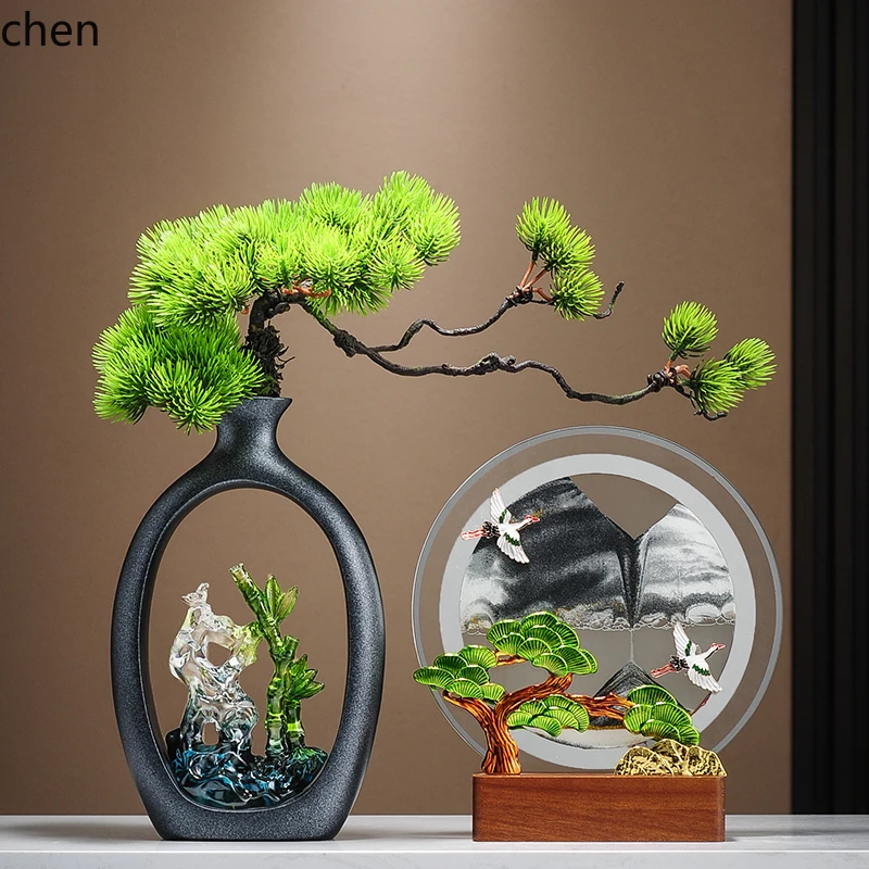 

QZT Welcome Pine Flowing Sand Painting Ornament for Living Room Entrance Wine Cabinet TV Cabinet Curio Shelf Decoration
