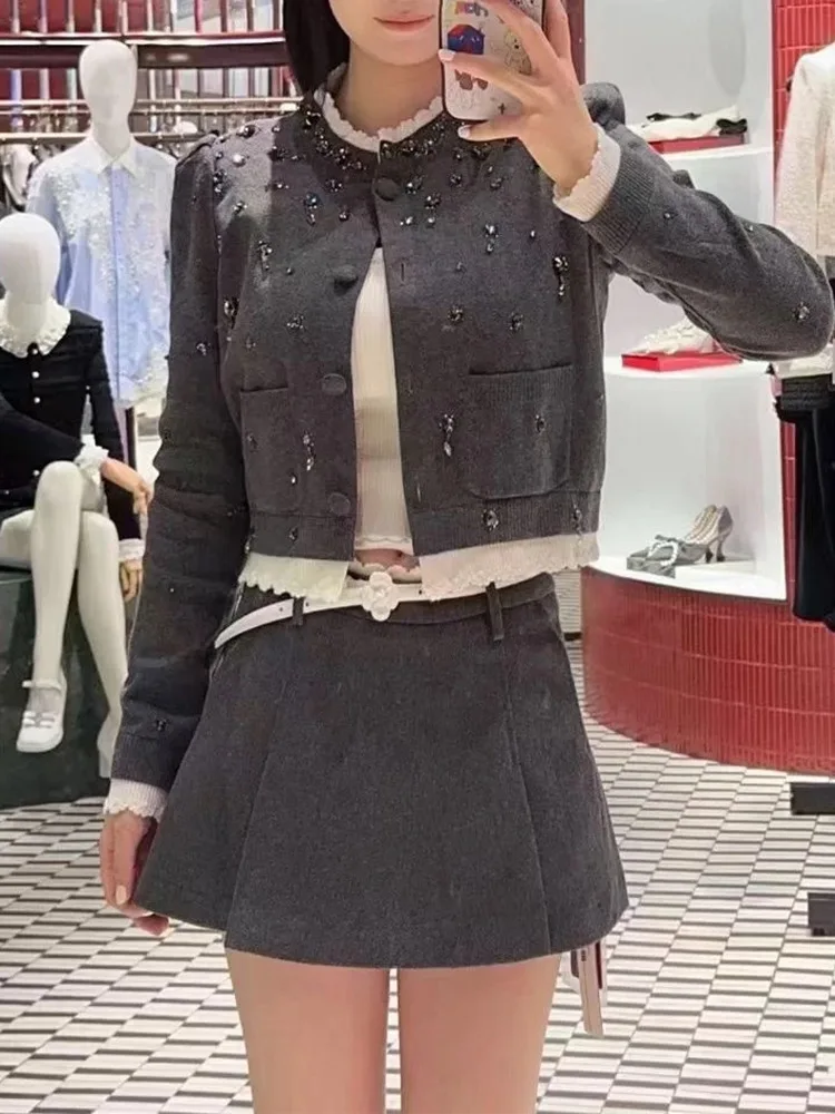 High-End European Gray System Knitted Short Cardigan Design Sensation Fake Two-Piece Grey Beaded Long Sleeve round Neck Top view 2