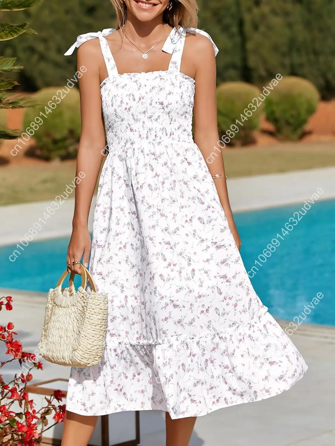 Imily Bela Abito estivo da donna con cinturino allacciato Boho Abito da spiaggia floreale Collo quadrato Abiti da sole con volant Abito maxi smock a linea