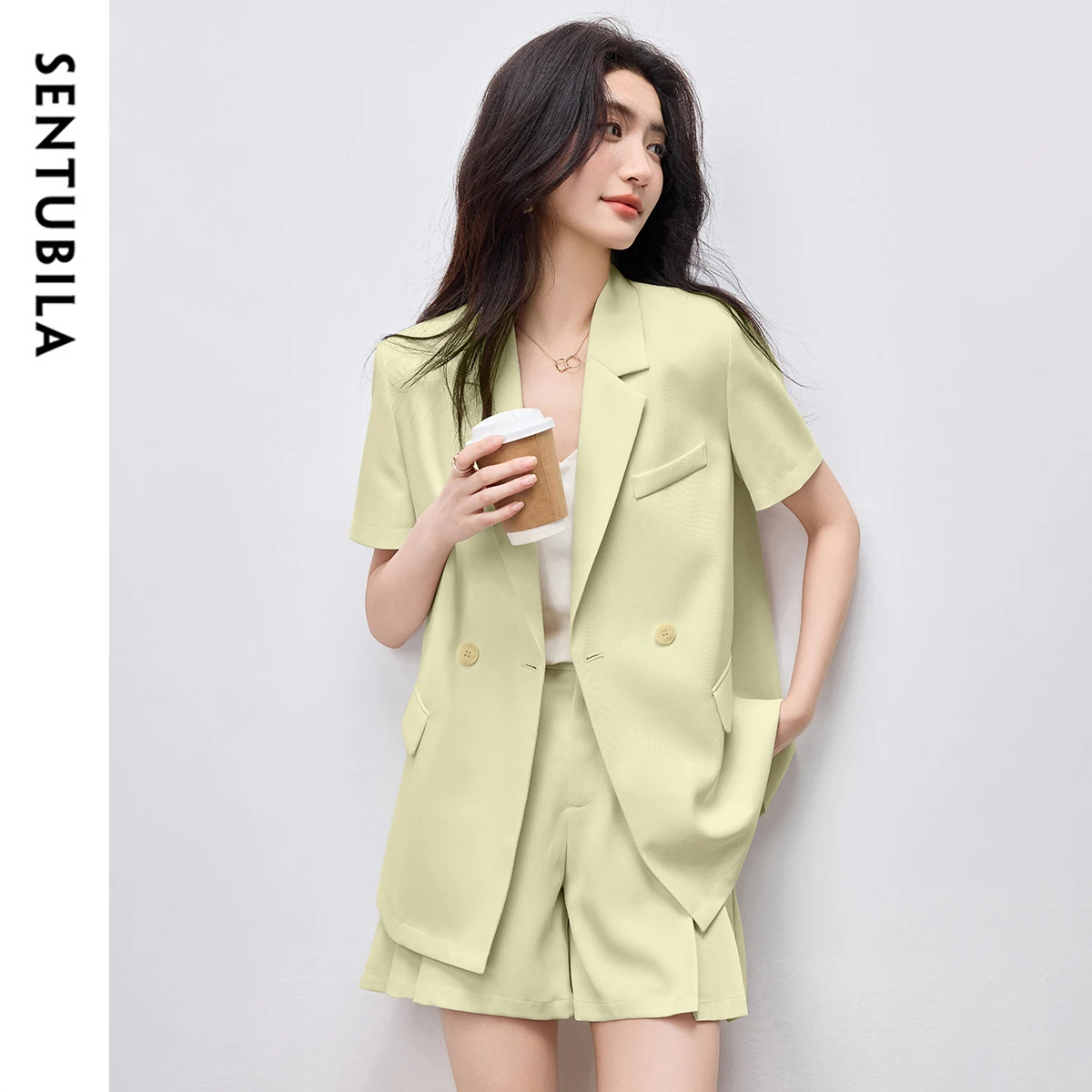 SENTUBILA Women's Two Piece Sets Notched Short Sleeve Workwear Blazers Folds High-waist Short New in Matching Sets 152Z59326