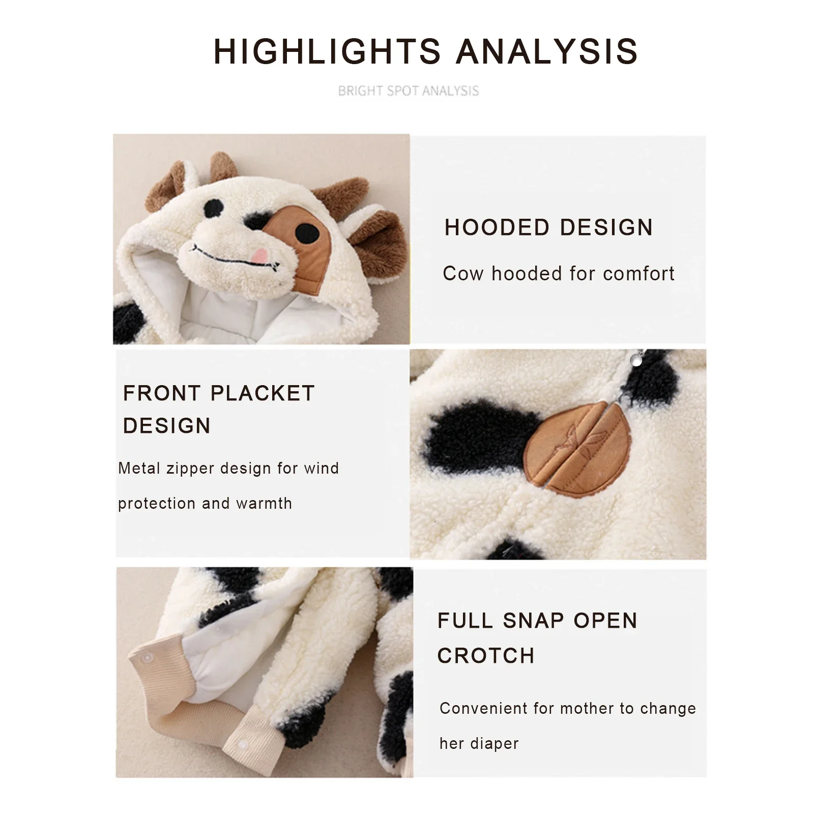 2025 Winter New Party DIY Decor Toddler Baby Girls Boys Plush Jumpsuit Long Sleeve Cartoon Cow Print Zipper Hooded Romper