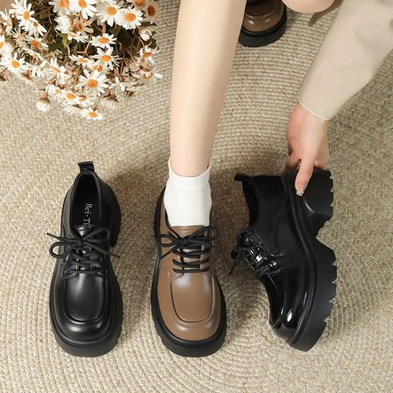 

2024 NEW Spring Women Is Leather Shoes British Style Lace-up Design High Heel Ladies Casual Thick-soled Loafers Fashion Comfort