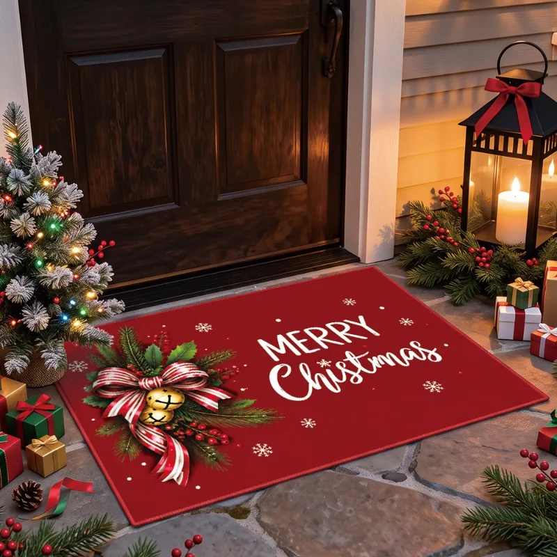 Red Christmas Tree Doormat Xmas Gift Box Holly Snowflake Garland Print Entry Mat for Front Porch Xmas New Year Holiday Home Gift