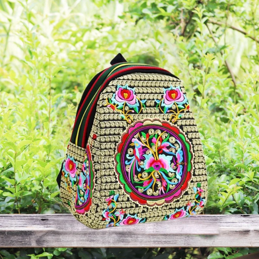 Bolso bordado de lona, mochila de ocio, estilo étnico Retro, tejido colorido