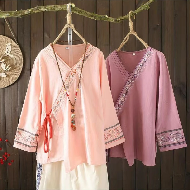 New Spring Chinese Traditional Tang Suit Female Costume Vintage Blouse Long Sleeve Lace-up Embroidery Top for Women Hanfu Blouse