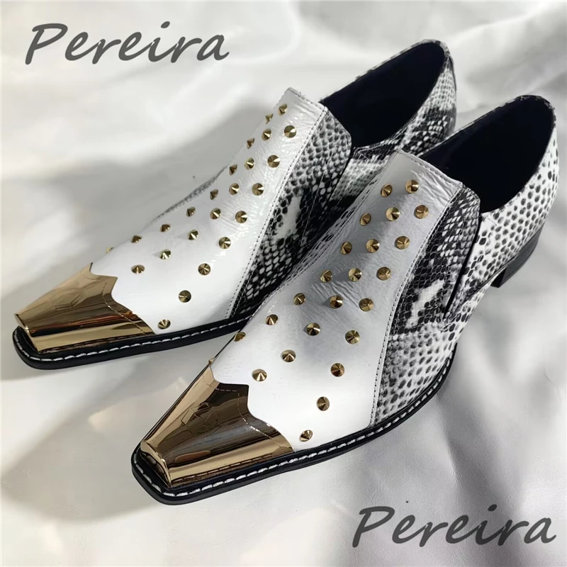 

White Leather Mixed Colors Men's Shoes Snake Pattern Cowhide Patchwork Metal Toe Loafers Party Wedding Business Dress Shoes