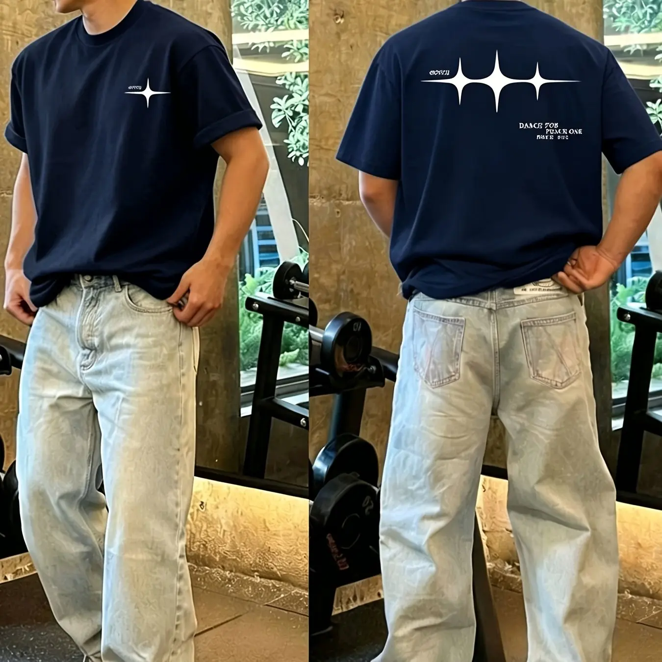 Herren Minimalistisches Vierzackiges Stern Oversized T-Shirt Beidseitiger Druck 100% Baumwolle Lässige Streetwear Sommer-Oberteil – Detail 7