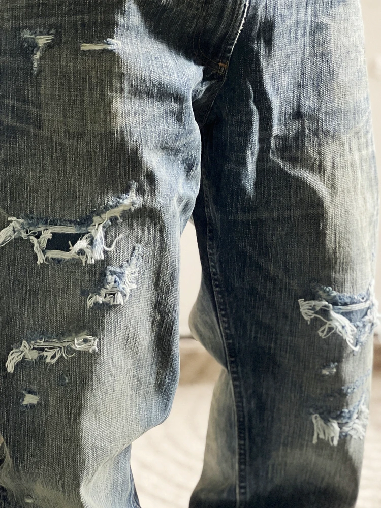 

BENS MADES Washed Distressed Denim Straight Leg Jeans 14oz Cotton Non-stretch Low Waist Youth Fashion