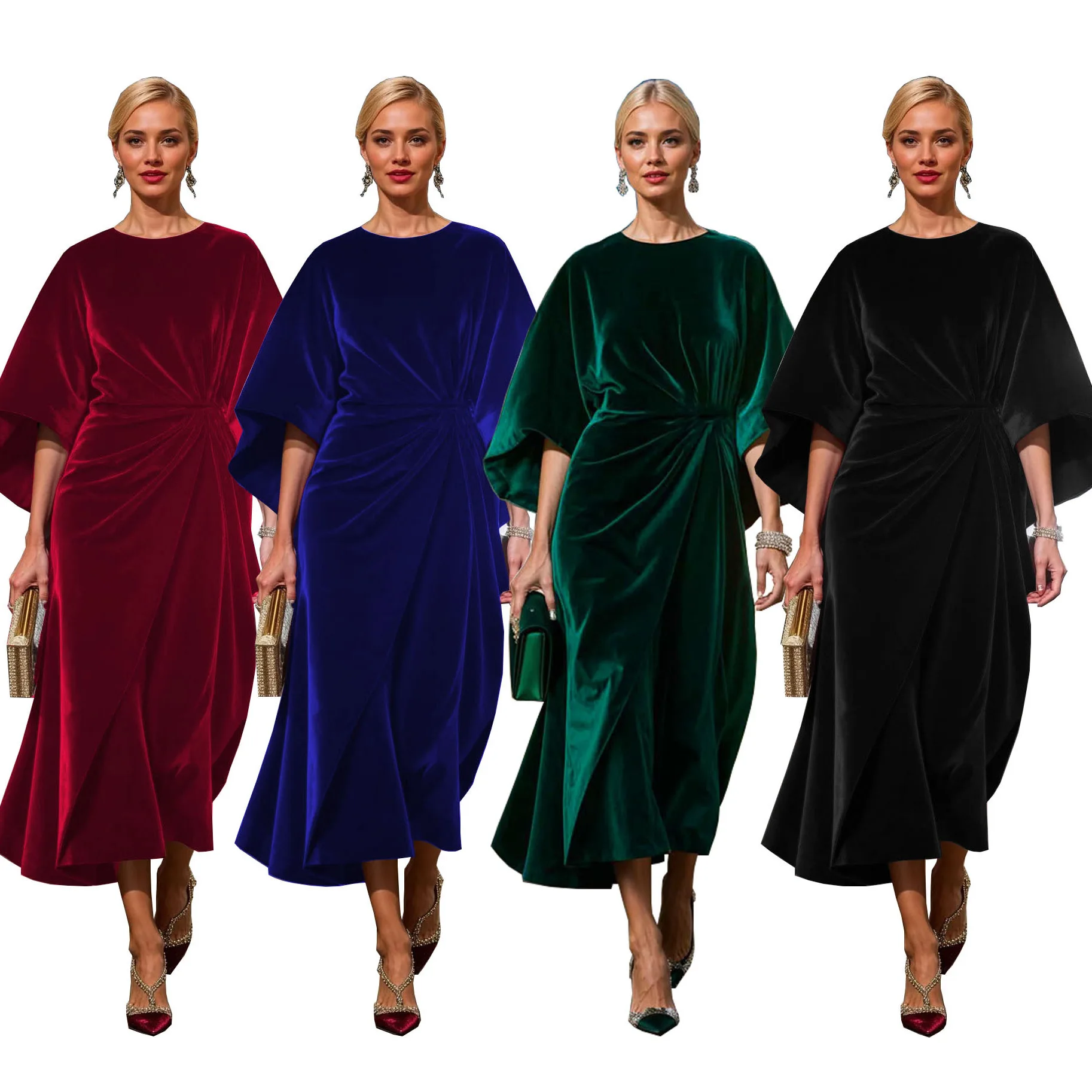 Eleganckie Długie Sukienki Damskie 2025 Nowa Sukienka z Złotego Aksamitu z Marszczeniem w Talii i Rękawami Nietoperzowymi Robe Femmes Платье Осень Vestido Mujer