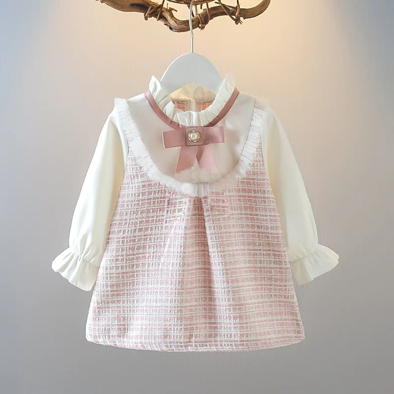 Children's Korean version dress girls' spring and autumn cartoon bear bow doll collar dress baby princess dress0-5Y