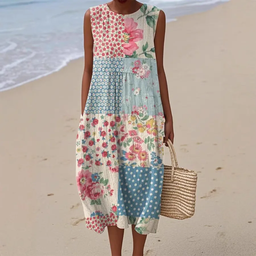 Long Dress Women Dresses Print Floral Round Neck Sleeveless Elegant Splice Y2k Streetwear Vestidos Casual Loose Work Summer