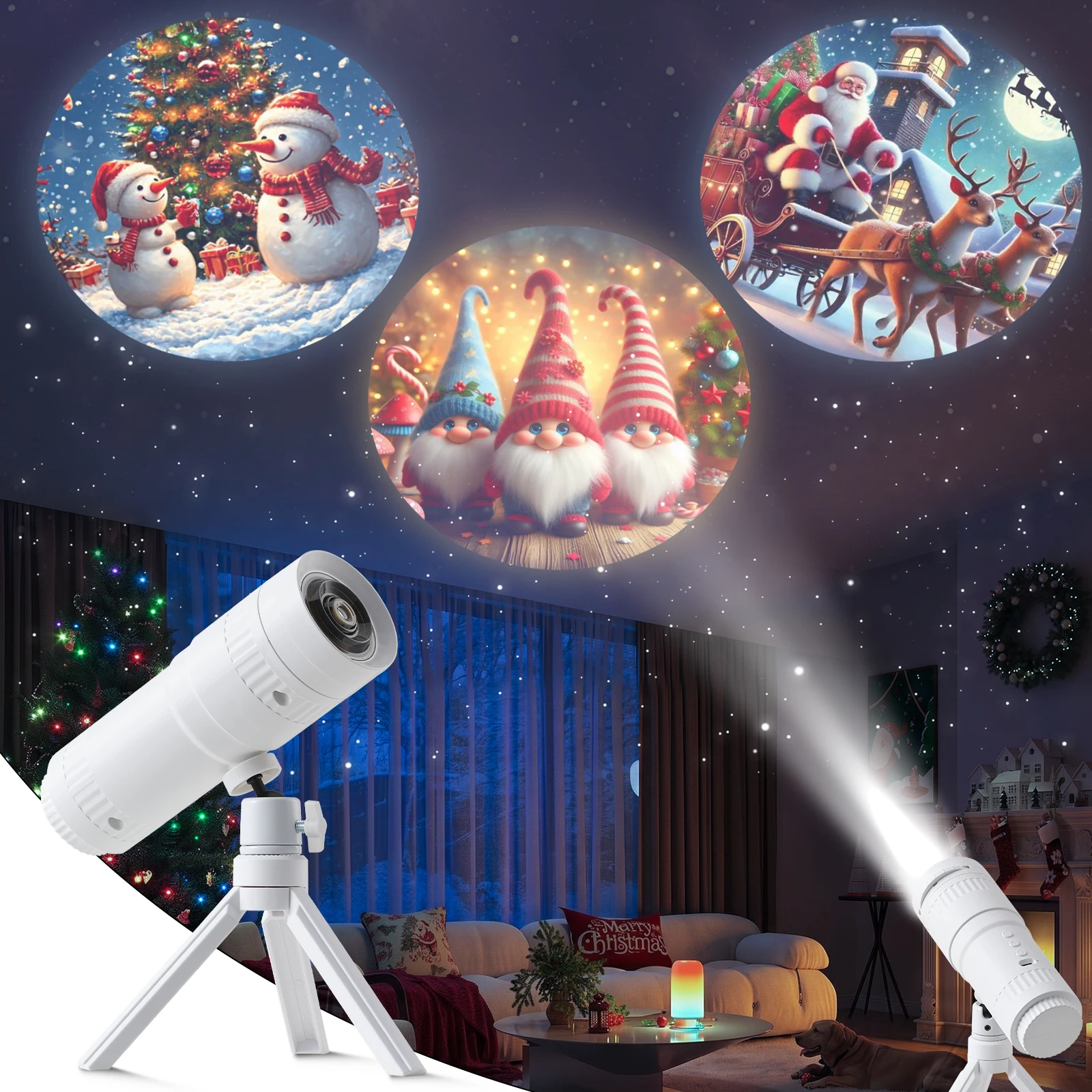 Christmas Pattern Projector Lamp with 16 Switchable Patterns 1500mAh Rechargeable Tripod Lamp for Holiday Atmosphere Decor Light