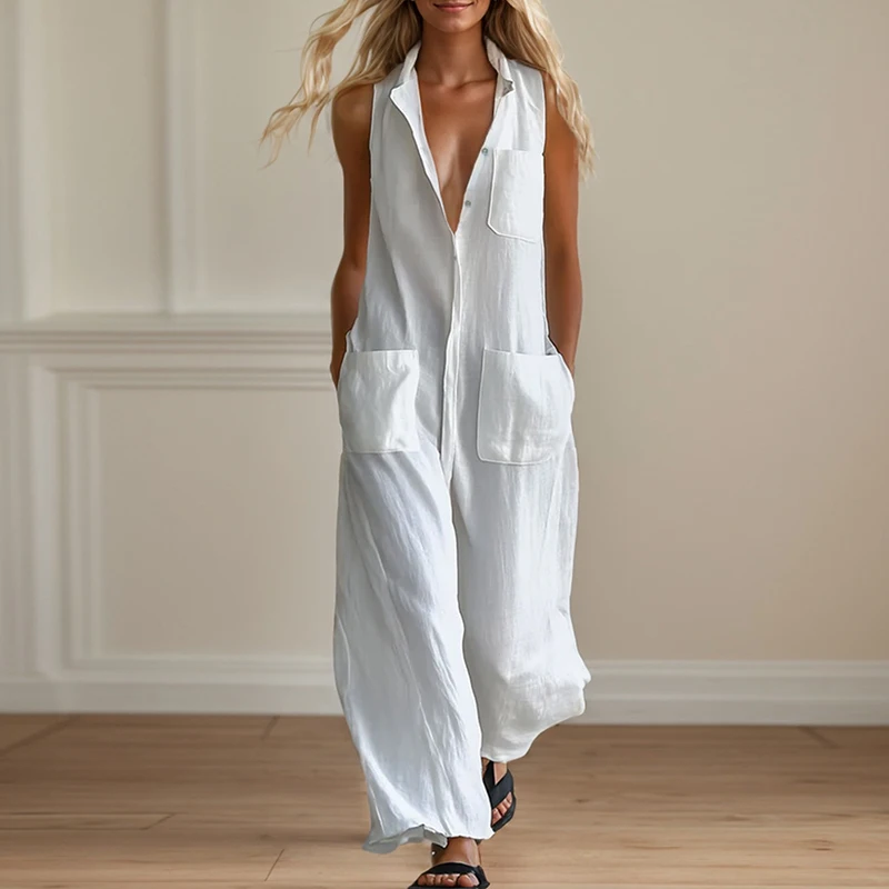 Fashion Lapel Sleeveless Loose Jumpsuits Elegant Lady Solid Color Pocket Playsuits Overalls Chic Single Breasted Wide Leg Romper