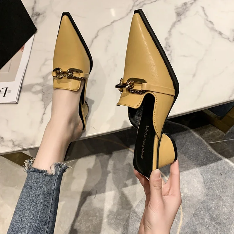 Temperament Pointed Toe Slippers Women 2024Summer New Thick Heel Metal Chain Fashion High Heels Slippers Office Lady Slides